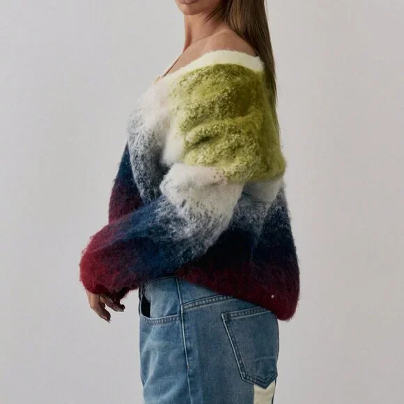 Multicolor Casual Women's Gradient Knit Oversized Cardigan - Picture 2 of 6